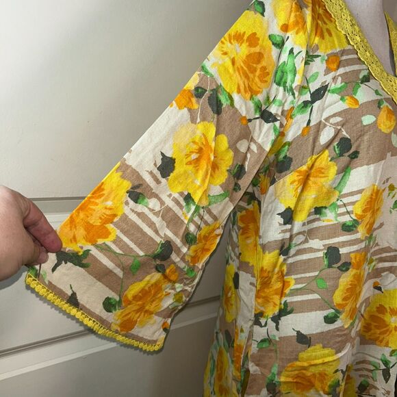 Isaac Mizrahi Live! Linen Blend Floral Dress Yellow Roses Size L Boho Tunic - Picture 4 of 8